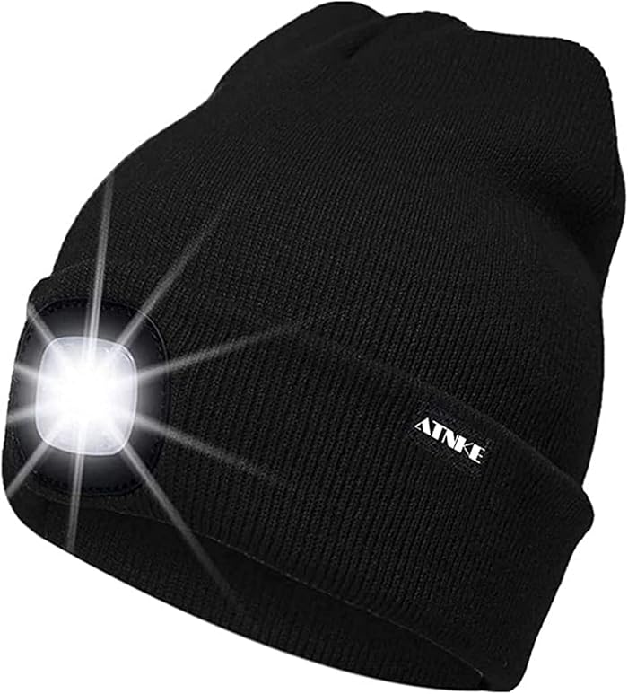 ATNKE LED Luminous Beanie Hat USB Rechargeable 4 LED Running Hat Headlamp Waterproof Light Winter Gifts for Men and Women