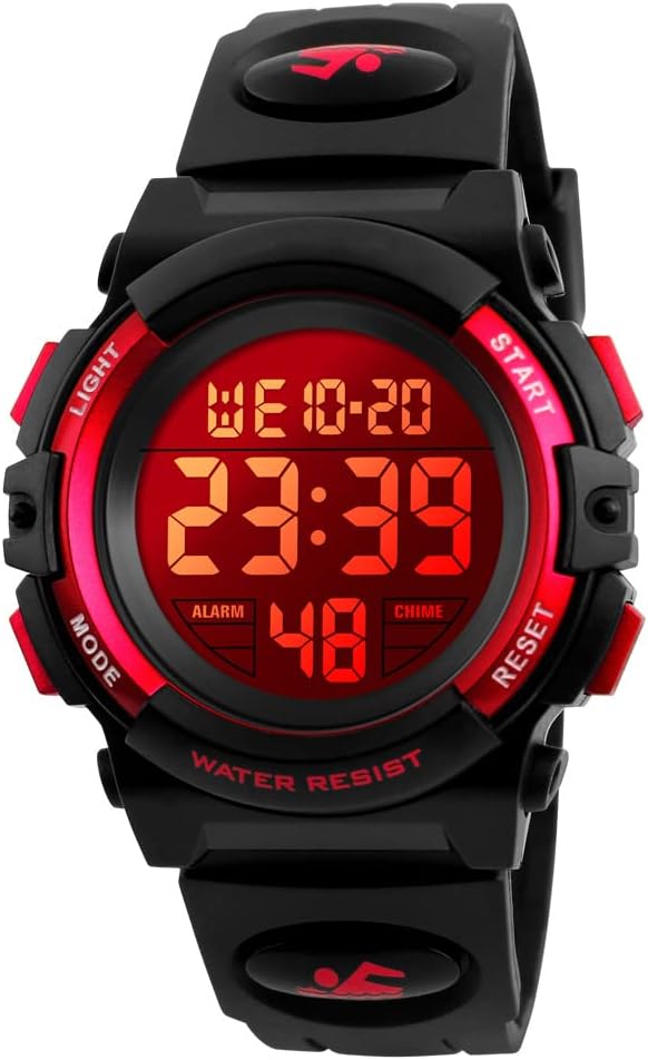 Dayllon Children Digital Watch Outdoor Sport 50M Waterproof Electronic Watches Alarm Clock 12/24H Stopwatch Calendar Boy Girl Watch Black Red (8-15 Years)