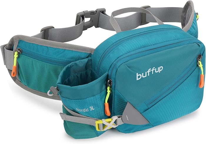 buffup Sac Banane de randonnée Femme et Homme, Sacoche Banane de Sport Ceinture avec Pore Bouteille (Bleu)