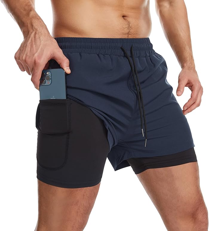 Short de Sport 2 en 1 Respirant pour Homme avec Poches Sport Séchage Rapide Leggings de Sport avec Poche Base Layer Stretch
