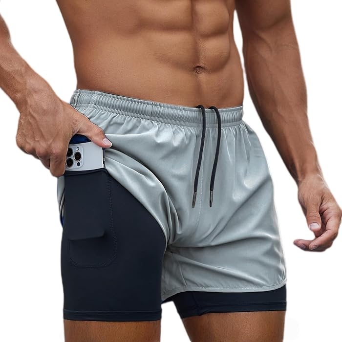 Short de Sport 2 en 1 Respirant pour Homme, Court Leggings Séchage Rapide de Sport avec Poche, Base Layer Stretch Short Fitness Pantalon