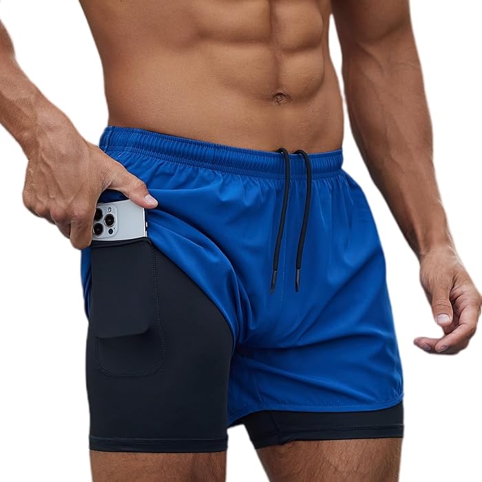 Men's 2 in 1 Breathable Sports Shorts Short Leggings Quick Dry Sports with Pocket Base Layer Stretch Shorts Fitness Trousers