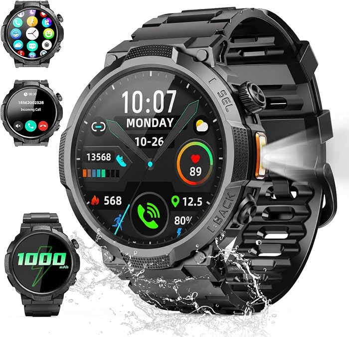 Soudorv Montre Connectée Homme, Militaire Smartwatch avec LED Lampe, Noir | 1000mAh, 1.53